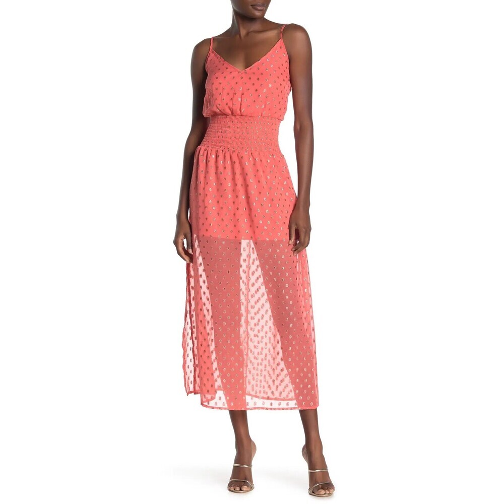 NSR Woman's Sofia Smocked Waist Midi Dress In Coral Orange Size S